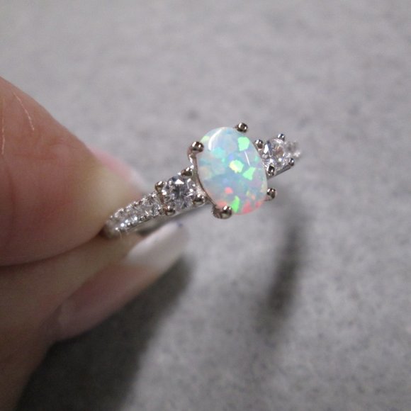 Dazzling Dainty 925 Sterling Silver OPAL Ring> Sparkling CZ's, Non Tarnish - Picture 2 of 7